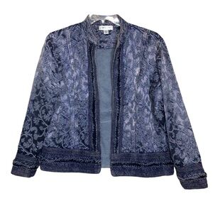 COLDWATER CREEK - Blue Cotton Damask Open Front Round Neck Jacket - Size Large